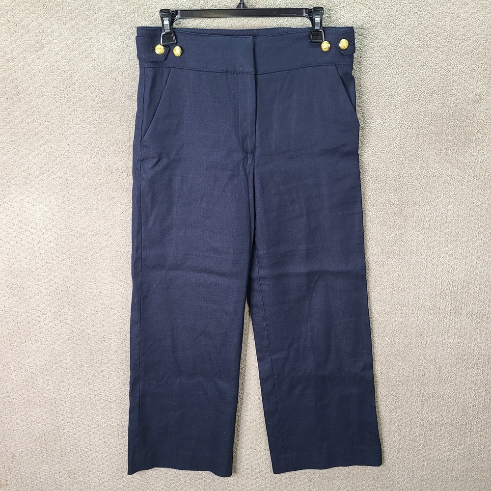 Veronica Beard Pants Womens 8 Blue Aubrey Wide Leg Linen Blend Gold Button